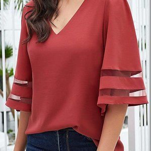 Women's V Neck Mesh Panel Blouse 3/4 Bell Sleeve